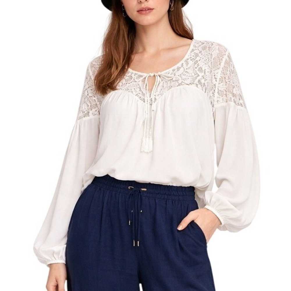 Abercrombie & Fitch Y2K Cottagecore White Lace Yoke  Long Sleeve Blouse‎ Size M